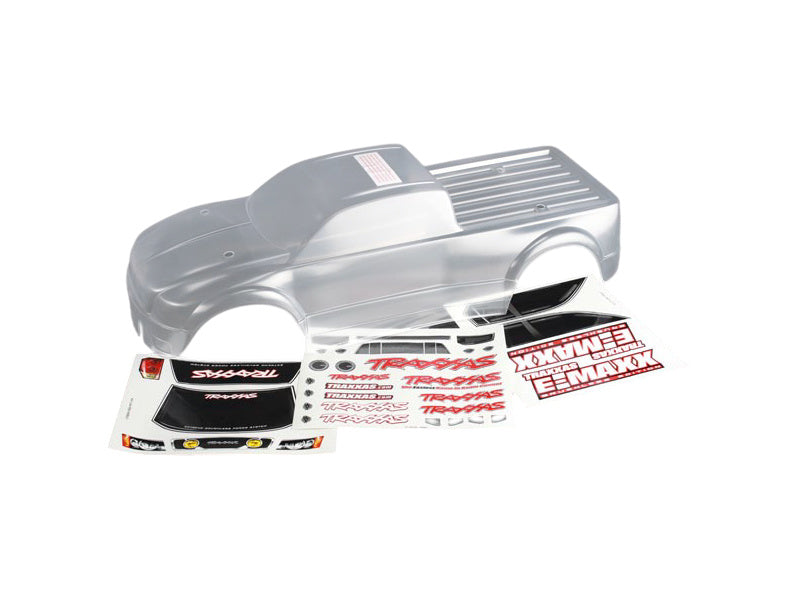 Traxxas karosérie čirá, samolepky: E-Maxx Brushless